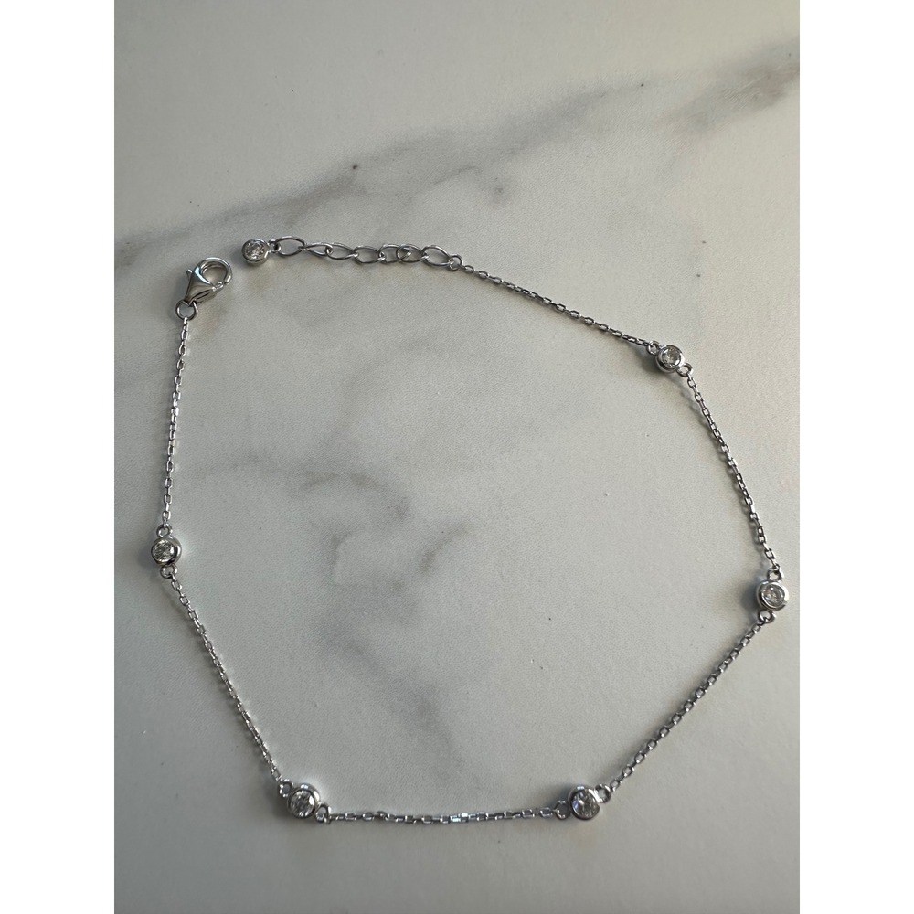 925 Sterling Silver Bezel Set Cubic Zirconia Adjustable Anklet 10 Inch